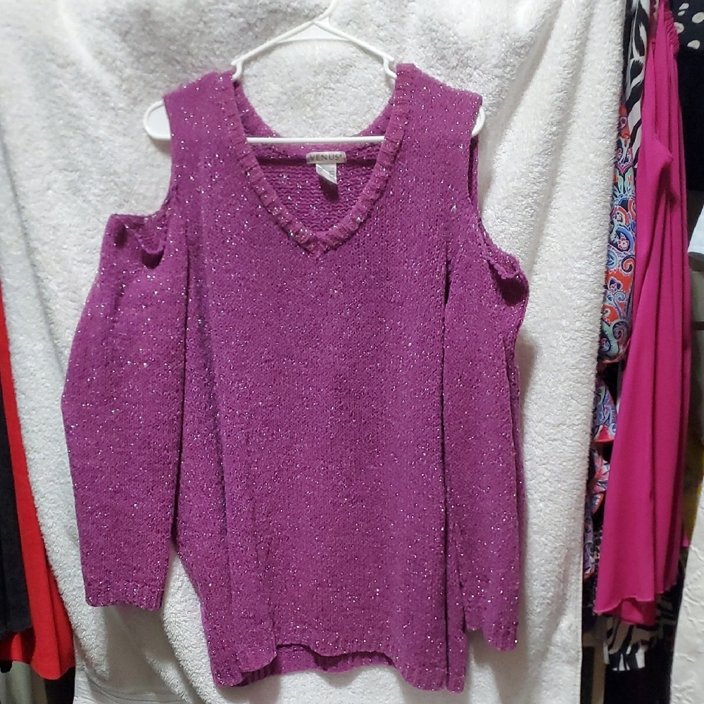 VENUS Purple Off-the-Shoulder Sweater with Textured V-Neck